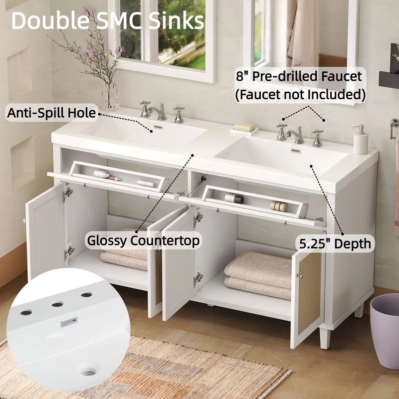Bathroom Vanity With Double Sink, Large Storage Space - White