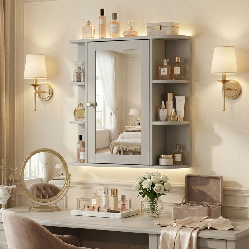 Bathroom Wall Storage Cabinet With Mirror And Adjustable Shelf, 6 Open Shelves