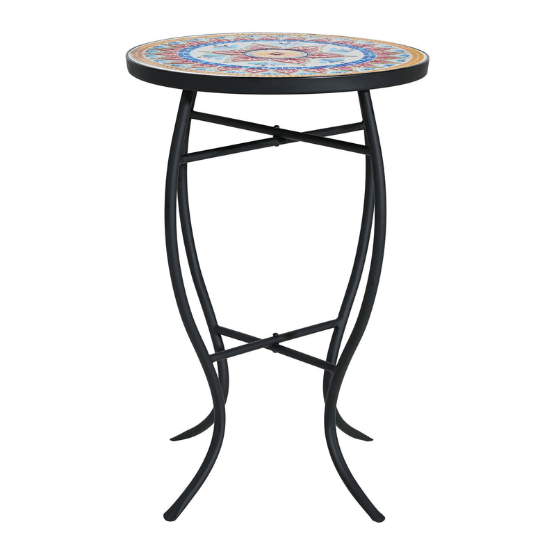 Outdoor Round Side Table With Mosaic Style Top And Curved Iron Legs