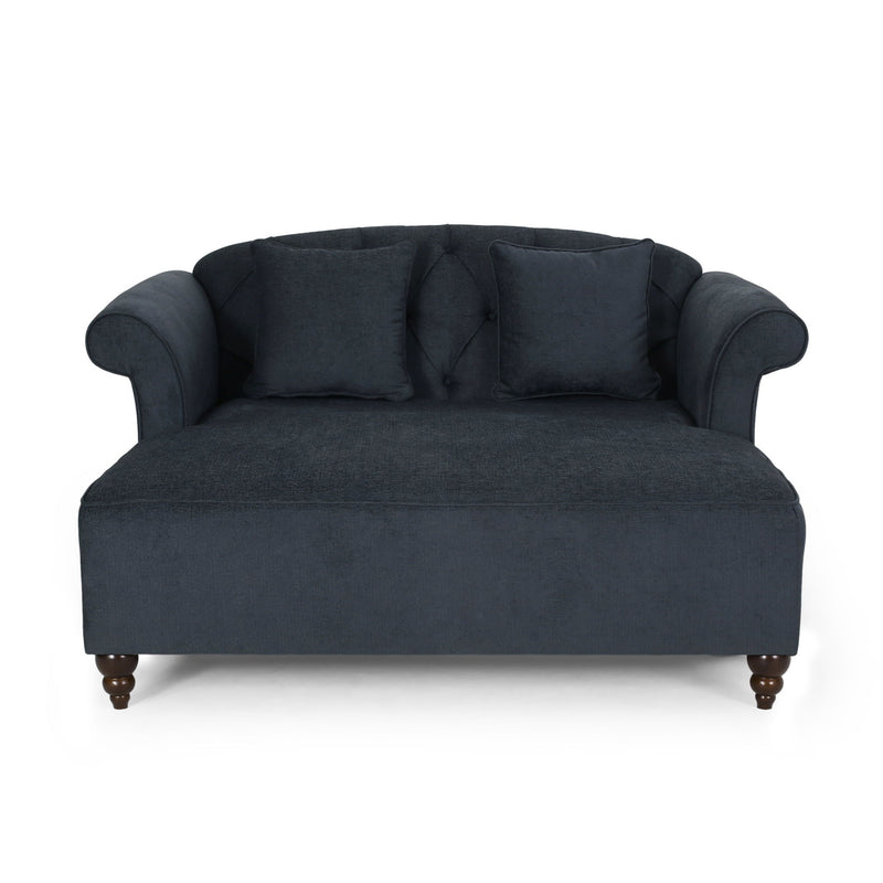 Upholstered Chaise Lounge & Scroll Arms, Turned Legs And 2 Pillows - Charcoal