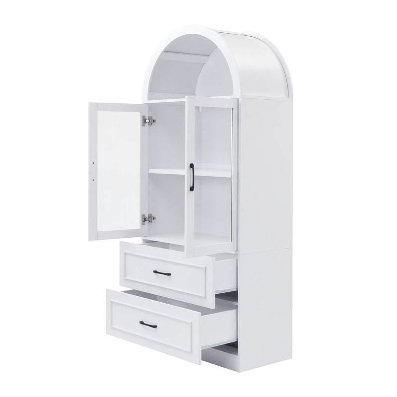 Arched Top Storage Cabinet With Fixed 2 Tier Shelves, 2 Large Drawers