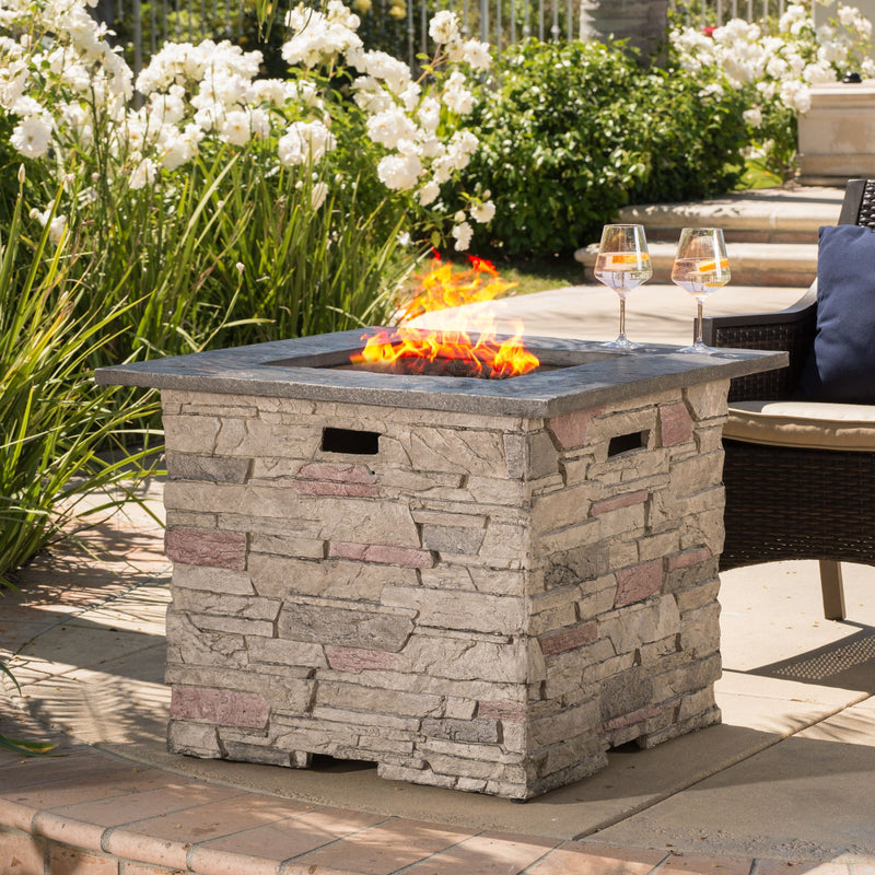 Classic Design Square Fire Pit With Top And 40, 000 Btu Heat Output - Stone Gray