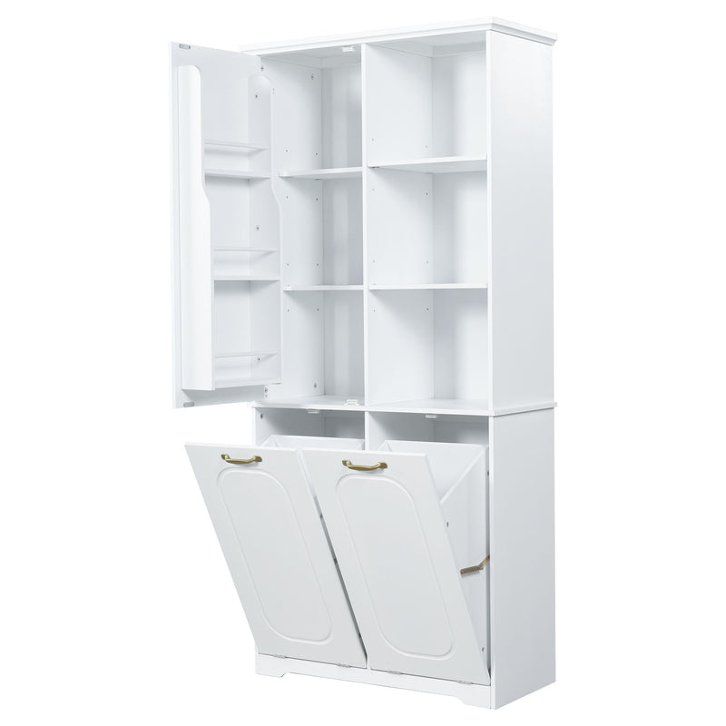 Freestanding Tall Storage Cabinet With 2 Tilt Out Hampers
