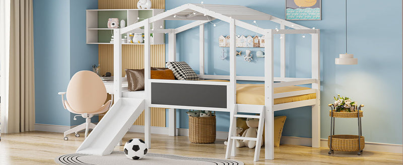 Loft House Bed With Ladder And Slide, With board And Light Strip On The Roof