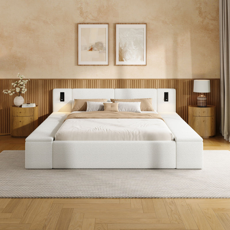 Upholstered Platform Bed Frame With Hidden Storage, Built-In Nightstands & LED Reading Lights