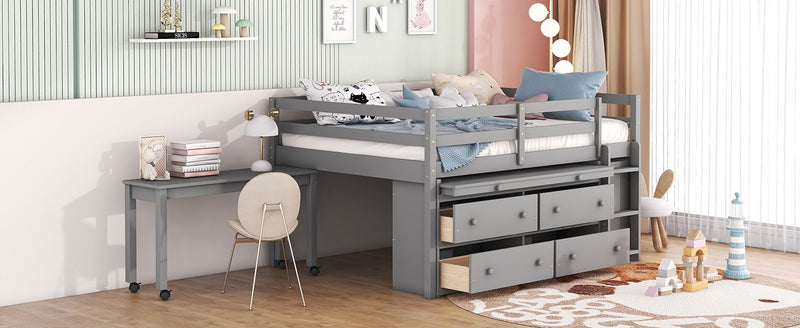 Loft Bed With Retractable Writing Desk And 4 Drawers, With Lateral Portable Desk And Shelves