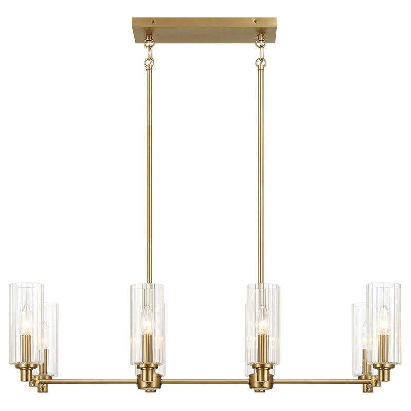 Willow - 8 Lights Island With Clear Ribbed Pendant Lamp Satin - Antique Brass / Clear / Gold