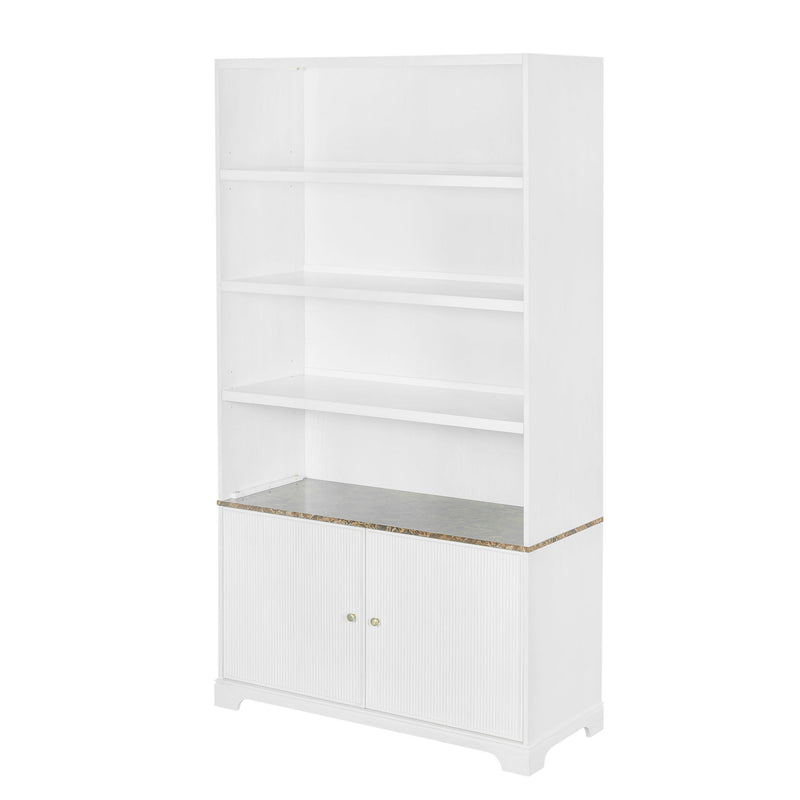 Tall Bookcase Storage Cabinet With 3 Open Shelves & Fluted Double Doors