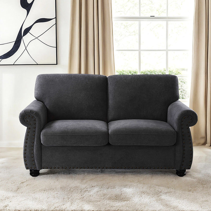 Soft Loveseat, Upholstered 2 Seater Couch, Loose Back Cushions And Turned Legs