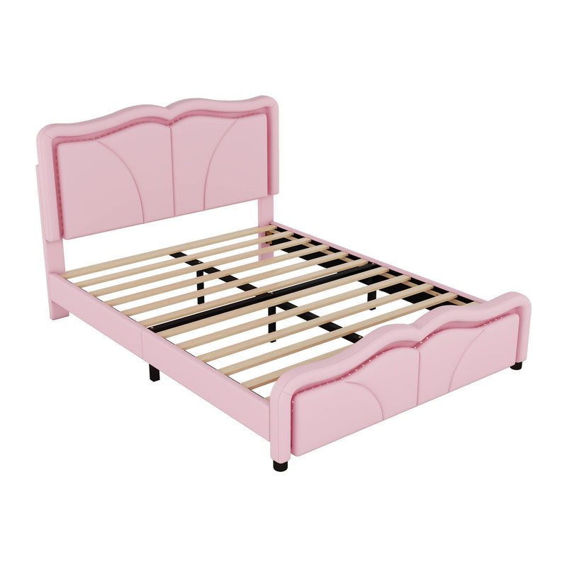 Upholstered Platform Bed & Curve Shaped And Height Adjustable Headboard, LED Light Strips