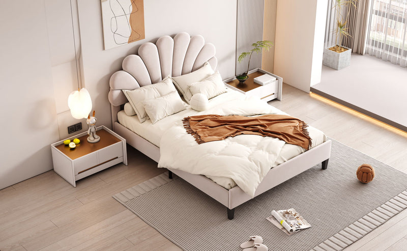 Upholstered Platform Bed With Flower Pattern Headboard