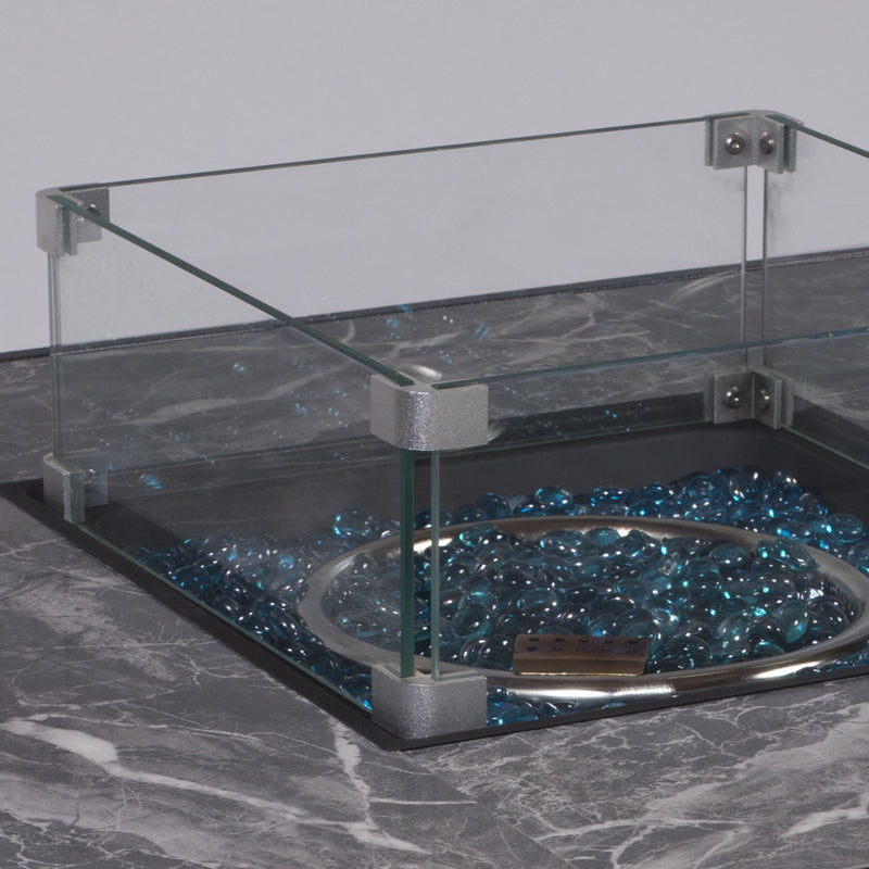 Morden Steel Fire Pit Table With Marble Tile Tabletop, Glass Wind Guard And Lid