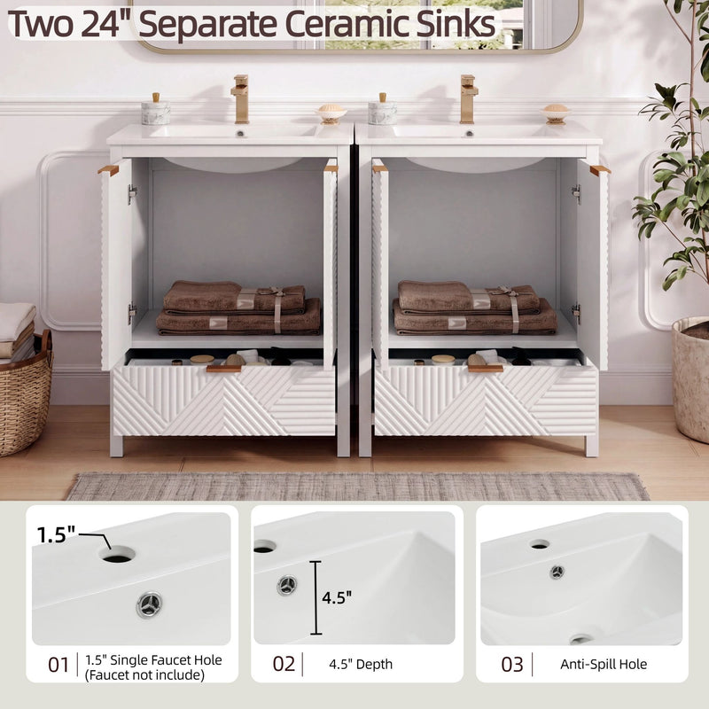 48" Bathroom Vanity Set With Textured Door Panels, Soft Close Hinges, Single Faucet Hole, Large Storage & Drawer - White