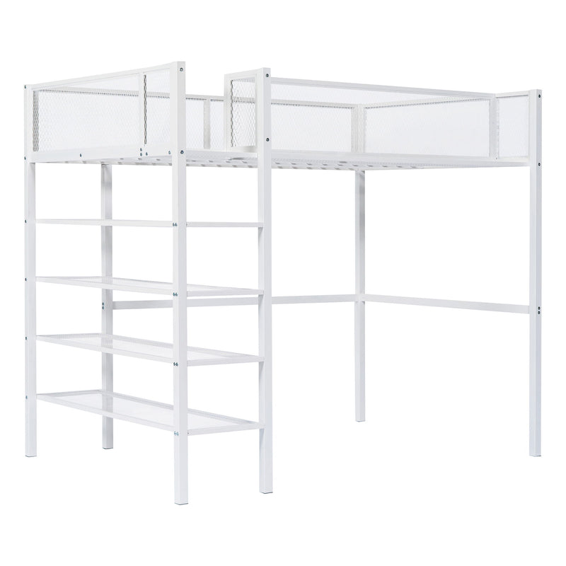 Twin Size Loft Bed With 4 Tier Shelves And Storage - White